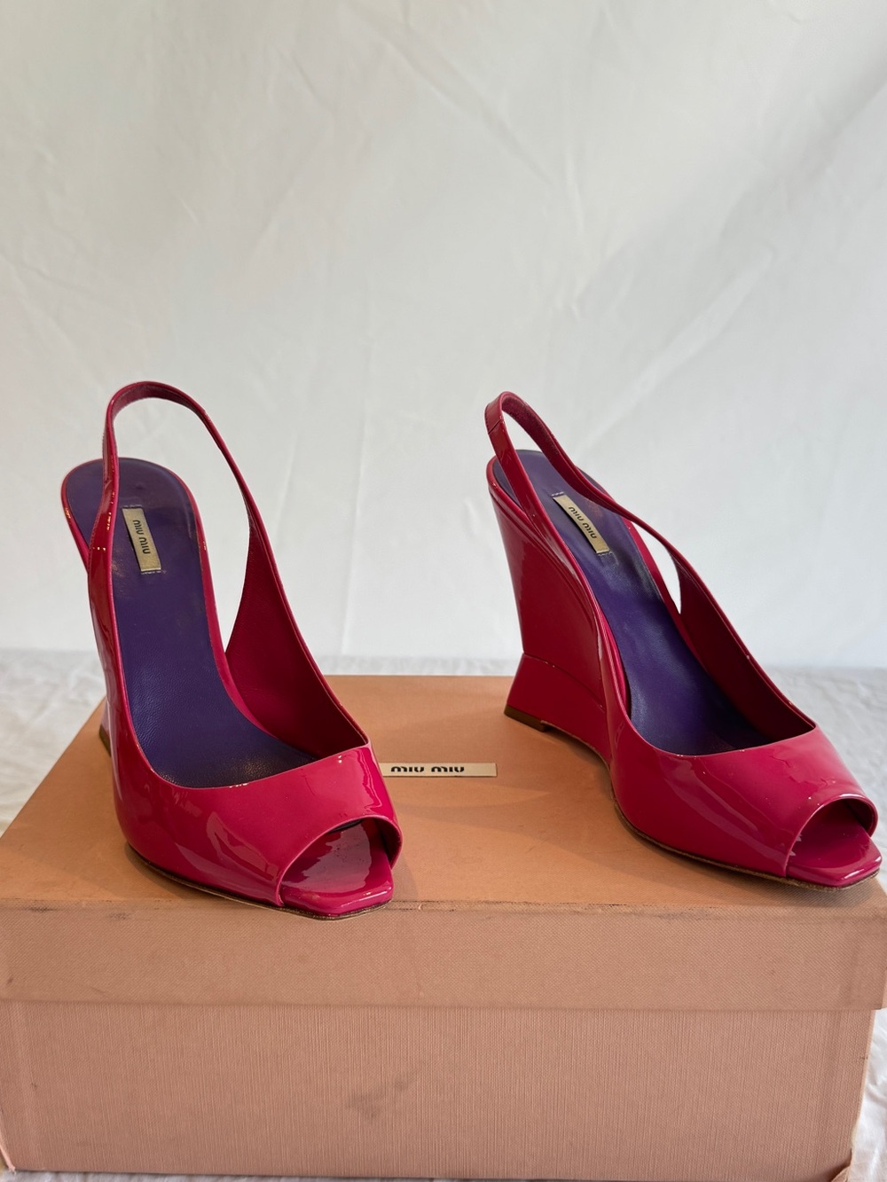 Miu Miu Hot Pink Patent Leather Slingback Wedges